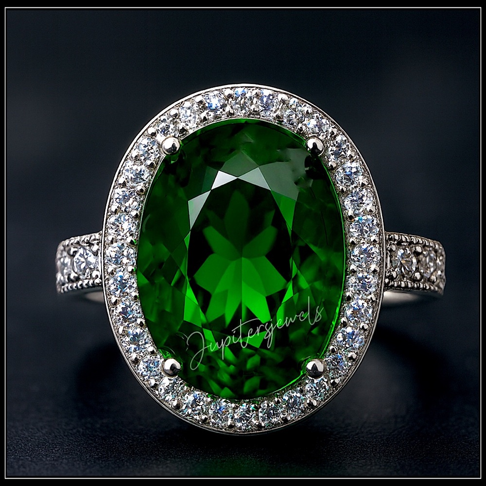 Clearance! New Cathedral-Style Oval Halo Simulated Emerald & Diamond Ring
